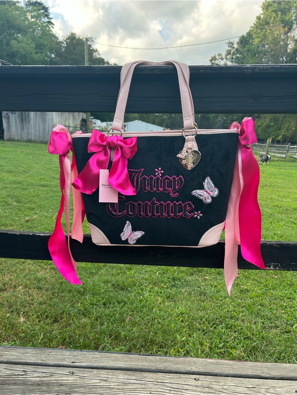 Juicy Couture Black Tote with Pink Ribbon Bows